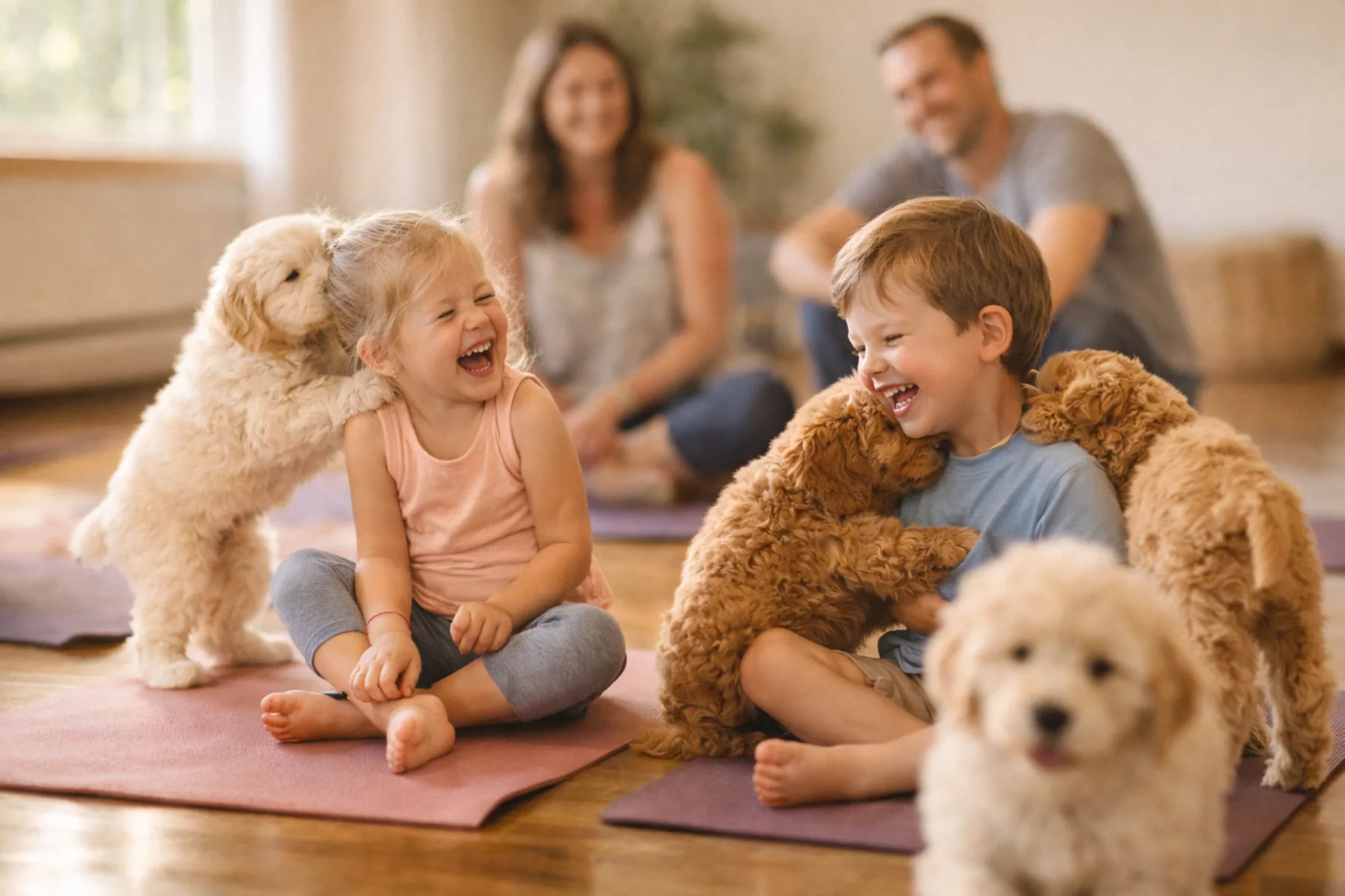 Kids laughing and playing with puppies at a birthday pawty session