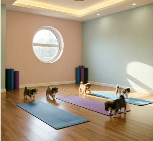 Bright studio setup for a private birthday pawty at Pawty Yoga Houston
