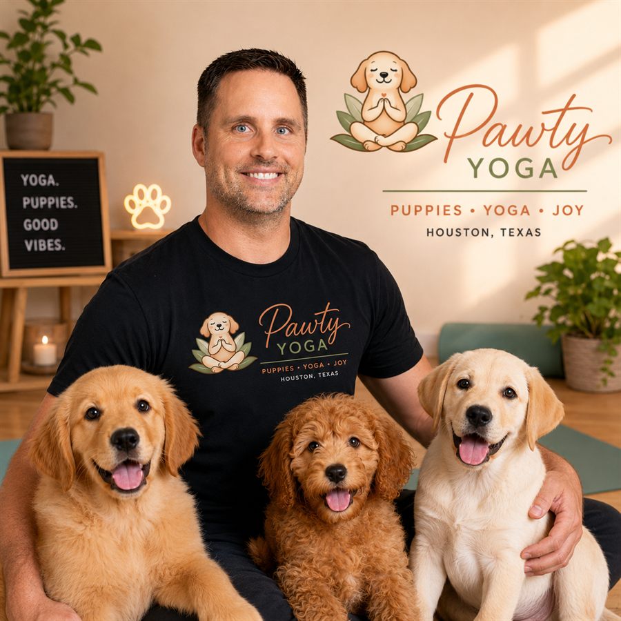 DJ Cotlow, founder of Pawty Yoga, with three puppies