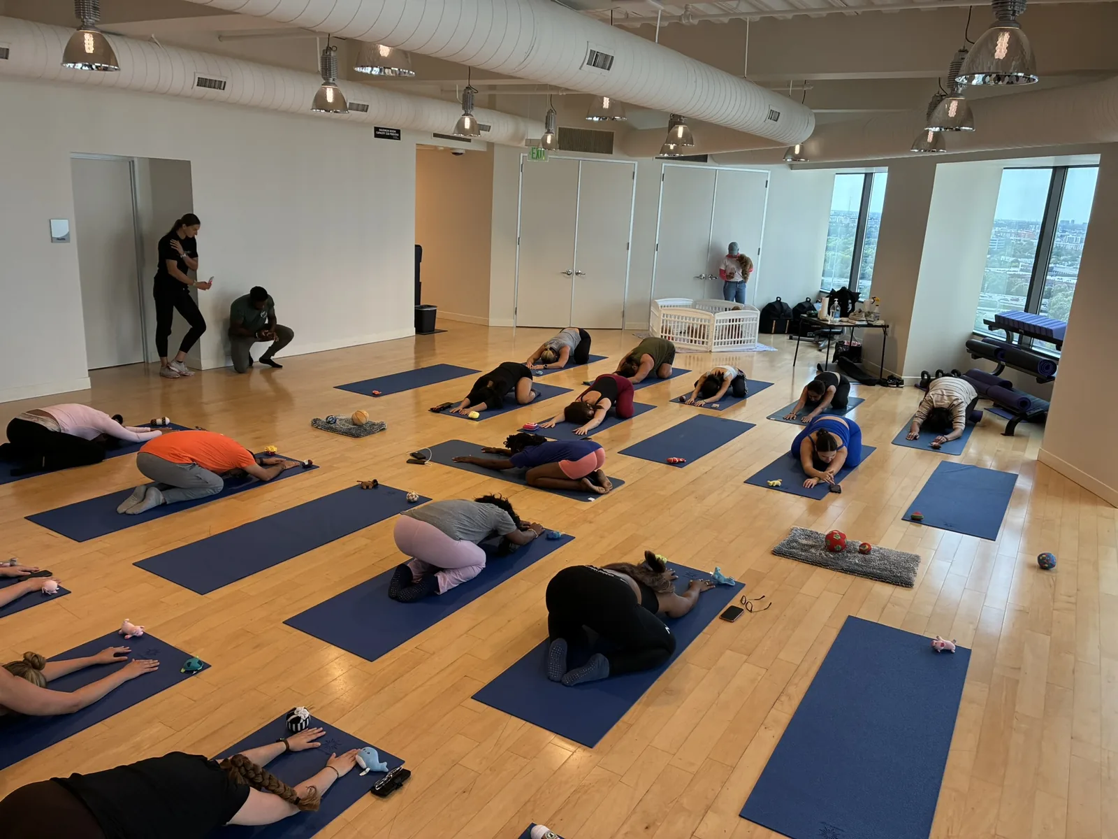 Guests holding a restorative floor pose while puppies roam a bright Houston studio