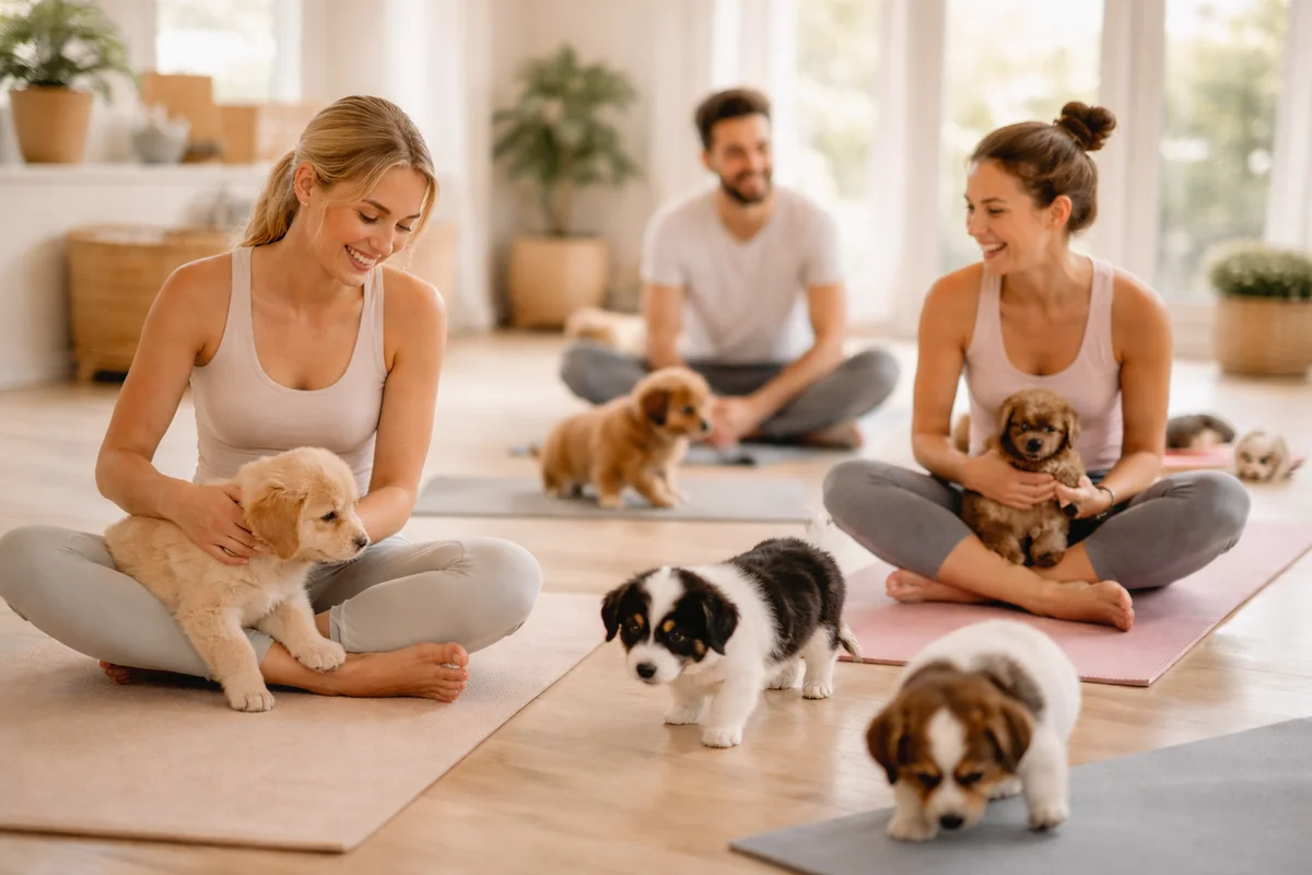 Adults at a Houston puppy yoga corporate event - Upper Kirby agencies, Greenway Plaza, and Highland Village