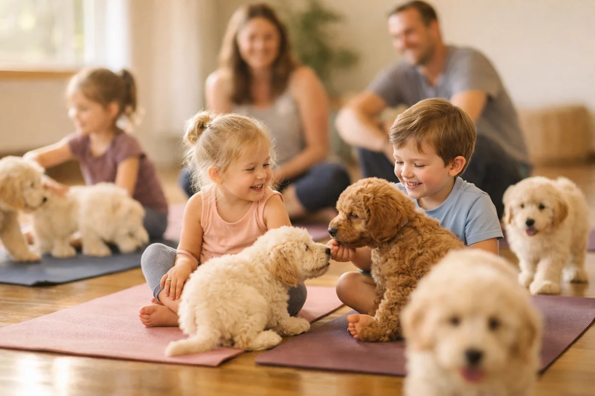 Evento privado de yoga con cachorros en Houston - familia jugando con cachorros