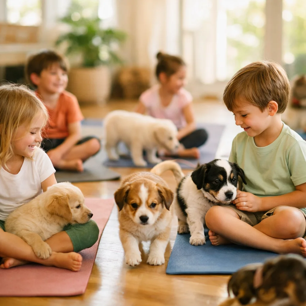 Kids at a Houston puppy yoga class with multiple puppies - serving Cypress, Bridgeland, and Towne Lake families