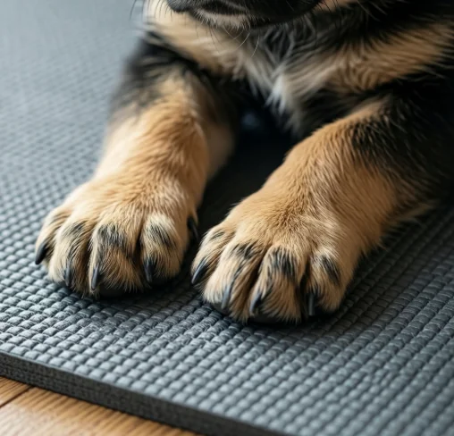 Puppy paws resting on a yoga mat - Houston puppy yoga for The Heights