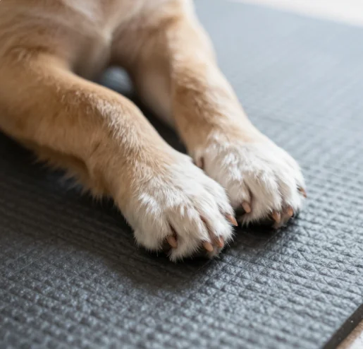 Close-up of golden puppy paws on a yoga mat - Houston puppy yoga at our Memorial-area studio