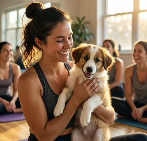 Woman holding a small puppy at a Houston puppy yoga session - Montrose and Rice Military